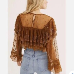 Free People Disco Ball Embellished Mesh Ruffle Long Sleeve Top Bronze Small.